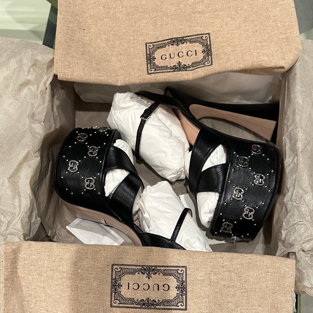 Authentic Gucci Malaga Kid Interlock Black Leather Platform - Picture 12 of 16